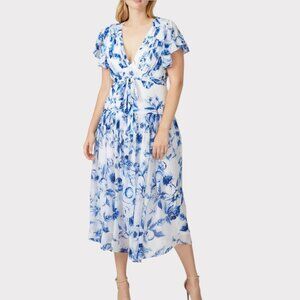 ML Monique Lhuillier Blue Floral Midi Dress Size 12 – Side Zip, Viscose Lined